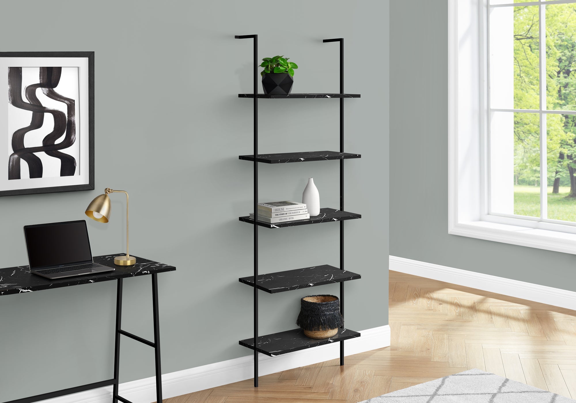 Monarch Specialties I 3684 Étagère À Livres, Étagère, Étagère, Échelle, 5 Niveaux, 72"h, Bureau, Chambre À Coucher, Métal, Stratifié, D'aspect Marbre Noir, Noir, Contemporain, Moderne - Simple Boutique