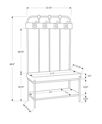 Monarch Specialties I 4545 Banc, Entrée, Couloir, Rangement, Organisateur, Patère, Portemanteau, Métal, Pu D'aspect Cuir, Gris, Transitionnel