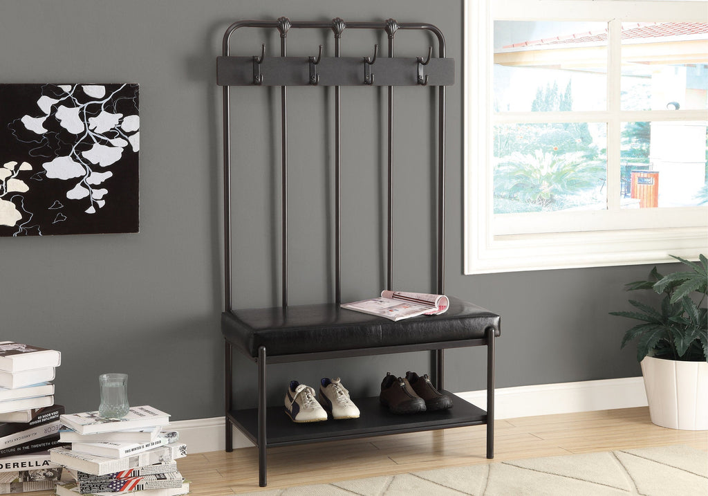 Monarch Specialties I 4545 Banc, Entrée, Couloir, Rangement, Organisateur, Patère, Portemanteau, Métal, Pu D'aspect Cuir, Gris, Transitionnel