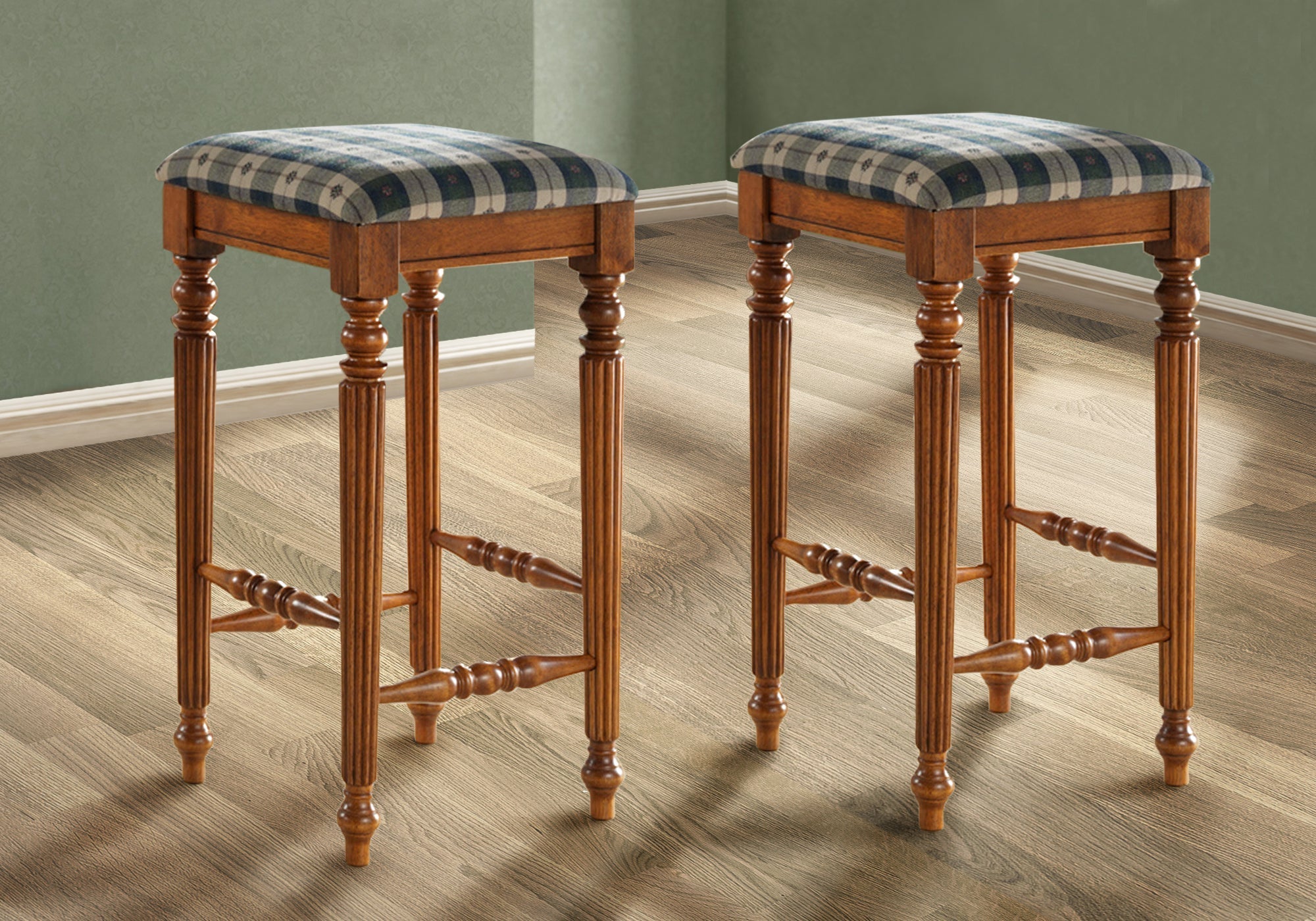 Monarch Specialties I 4833 Tabouret De Bar, Lot De 2, Hauteur Bar, Bois, En Tissu, Brun, Vert, Traditionnel - Simple Boutique