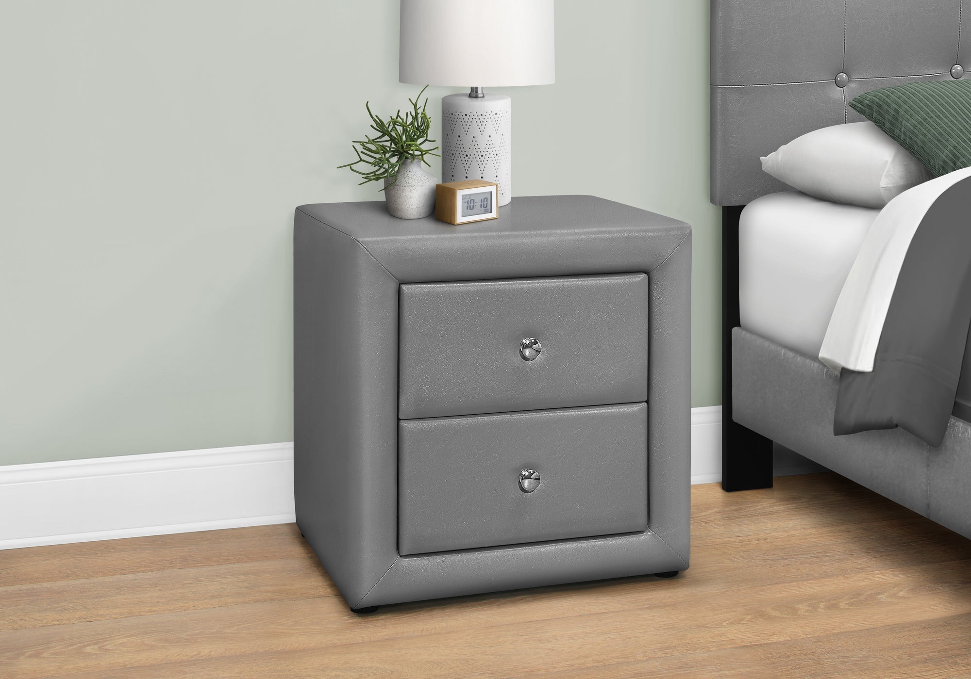 Monarch Specialties I 5602 Accessoire De Chambre, Table De Nuit, Bout, Côté, Lampe, Tiroir De Rangement, Chambre À Coucher, Rembourré, Pu D'aspect Cuir, Gris, Transitionnel - Simple Boutique