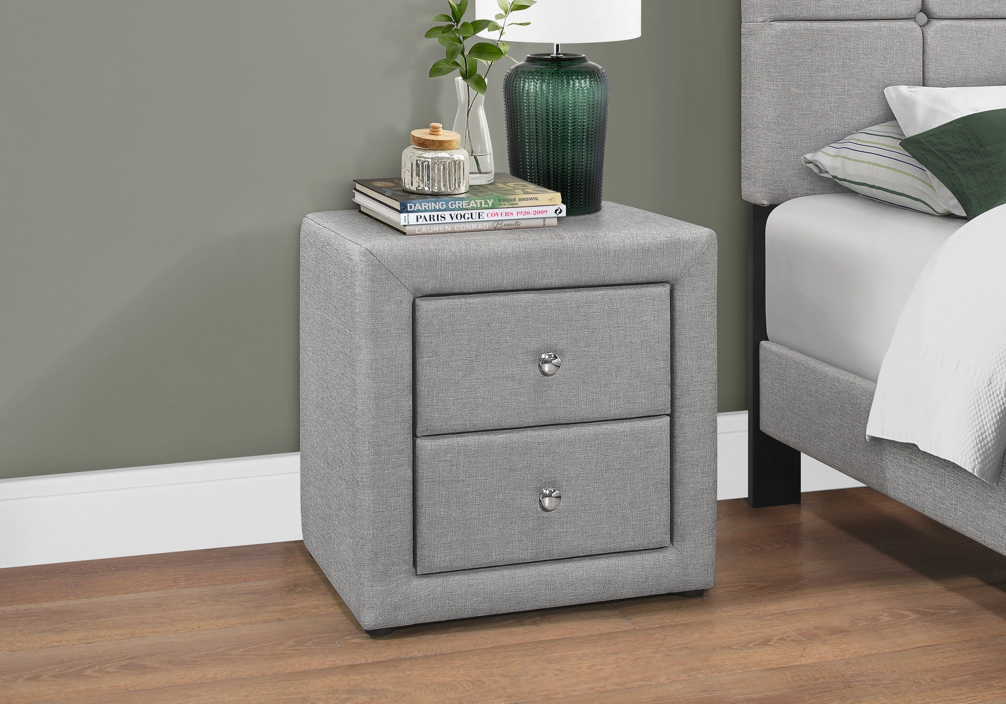 Monarch Specialties I 5604 Accessoire De Chambre, Table De Nuit, Bout, Côté, Lampe, Tiroir De Rangement, Chambre À Coucher, Rembourré, D'aspect Lin, Gris, Transitionnel - Simple Boutique