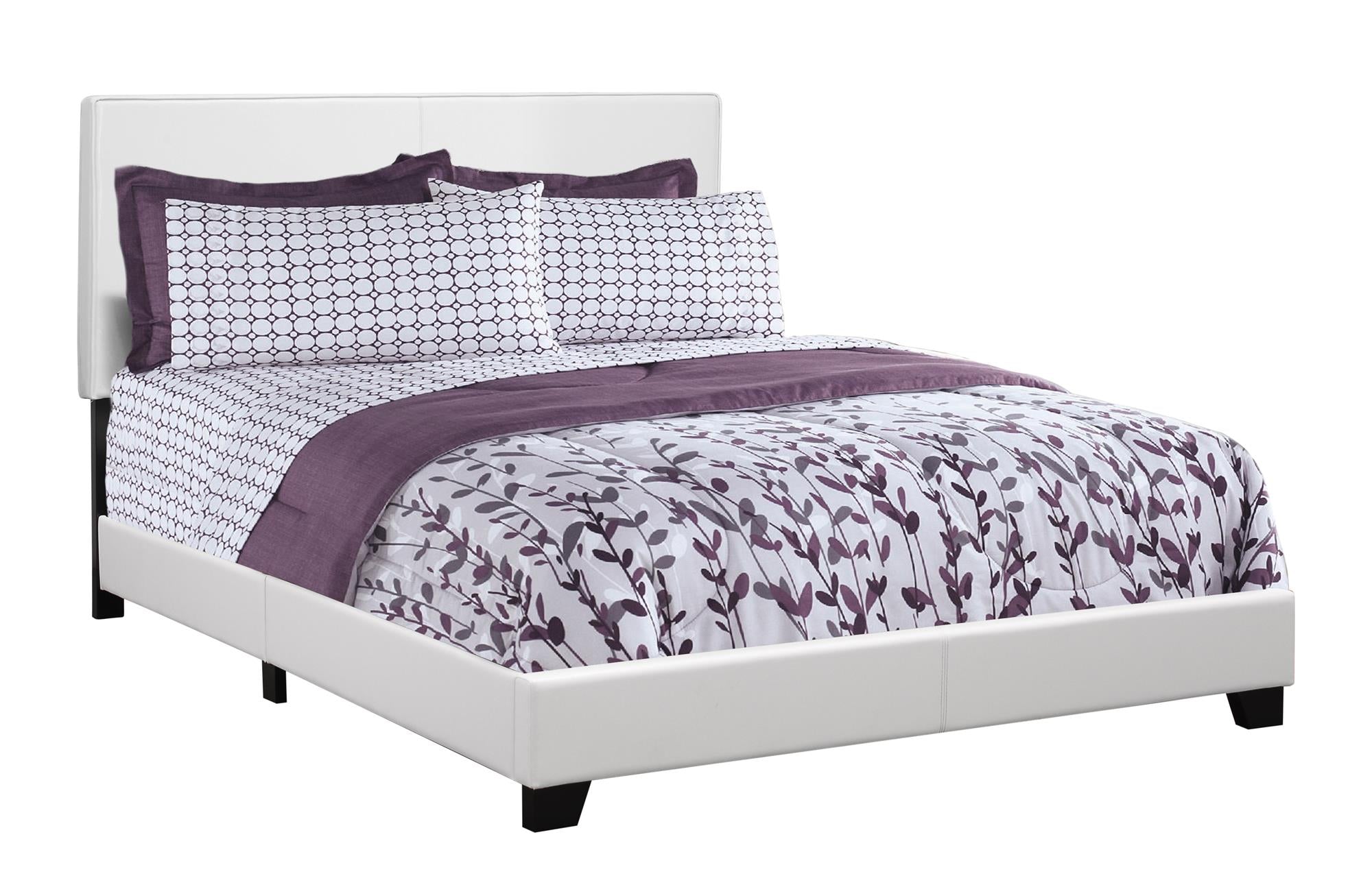 Monarch Specialties I 5911Q Lit, Grand, Plate-forme, Chambre À Coucher, Cadre, Rembourré, Pu D'aspect Cuir, Pattes En Bois, Blanc, Transitionnel - Simple Boutique