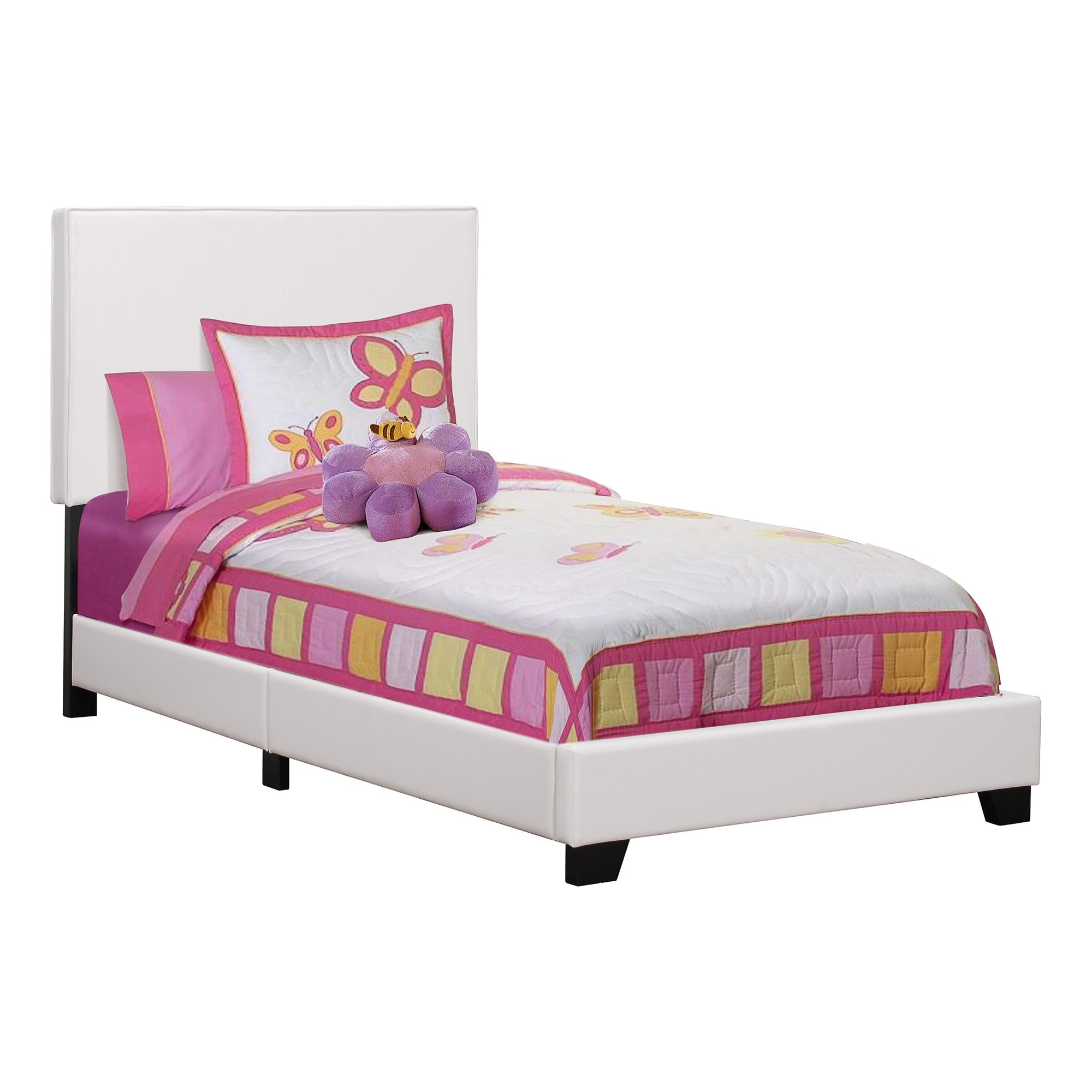 Monarch Specialties I 5911T Lit, Taille Jumelle, Plate-forme, Chambre À Coucher, Cadre, Rembourré, Pu D'aspect Cuir, Pattes En Bois, Blanc, Transitionnel - Simple Boutique
