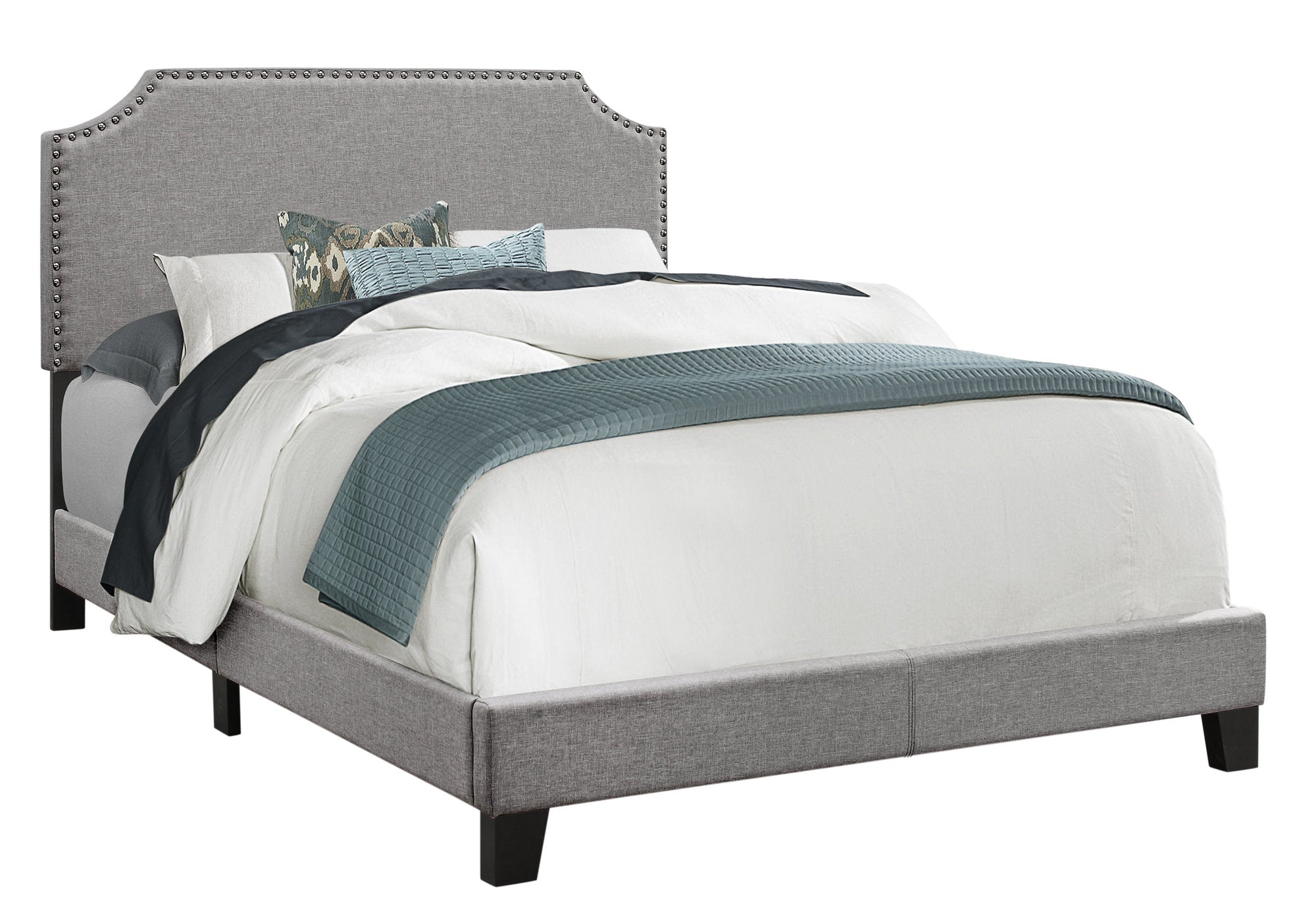 Monarch Specialties I 5925F Lit, Taille Réelle, Plate-forme, Chambre À Coucher, Cadre, Rembourré, D'aspect Lin, Pattes En Bois, Gris, Chrome, Transitionnel - Simple Boutique