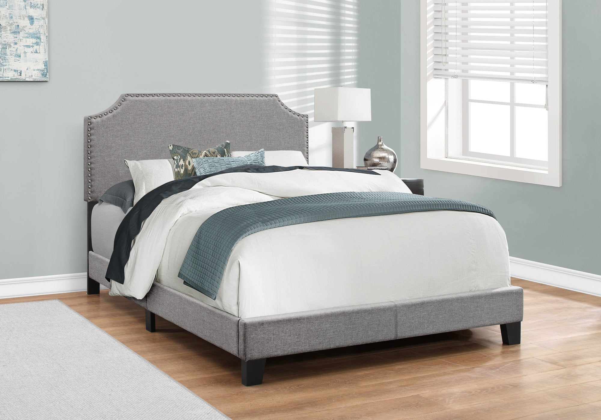 Monarch Specialties I 5925F Lit, Taille Réelle, Plate-forme, Chambre À Coucher, Cadre, Rembourré, D'aspect Lin, Pattes En Bois, Gris, Chrome, Transitionnel - Simple Boutique