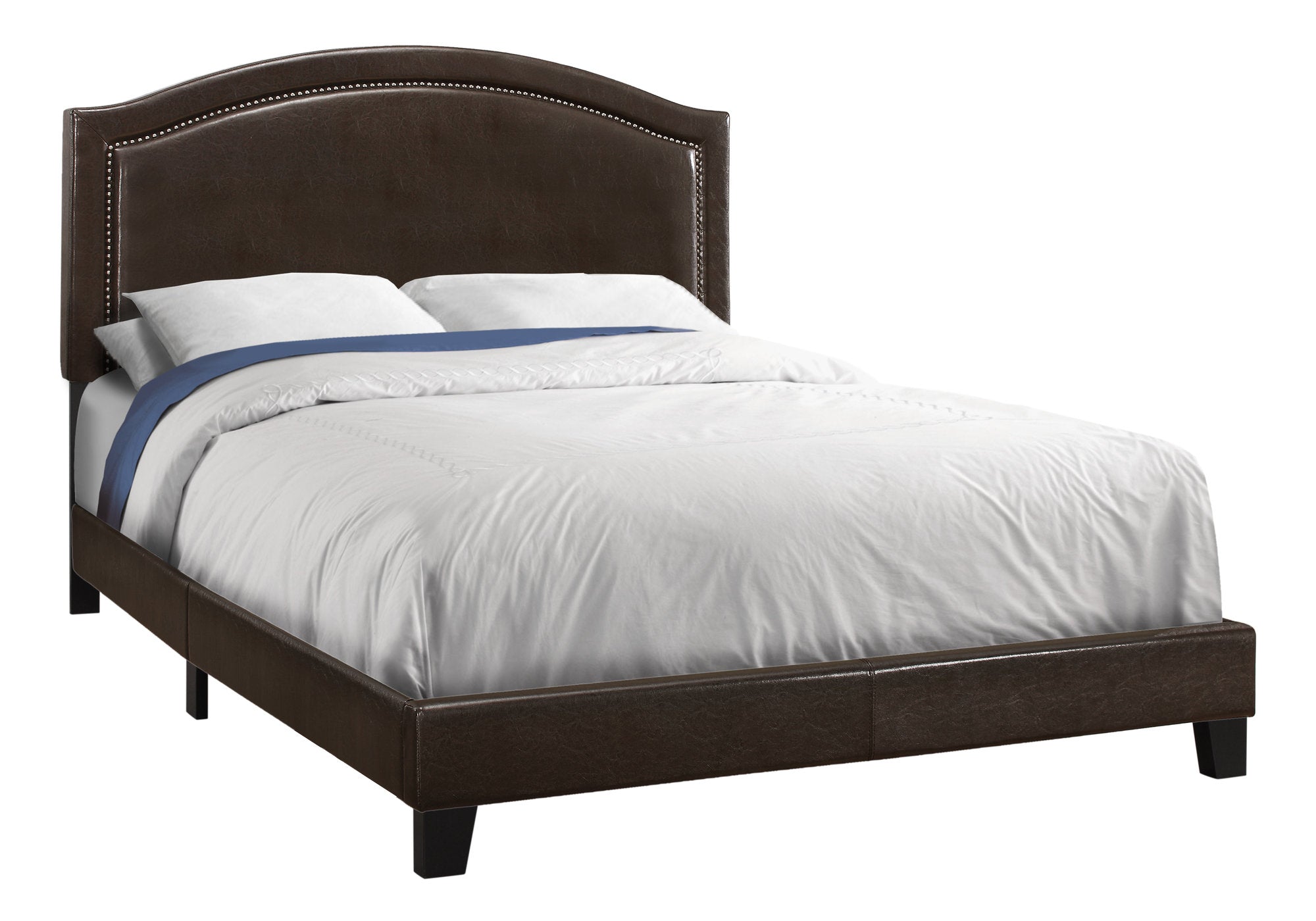 Monarch Specialties I 5938Q Lit, Grand, Plate-forme, Chambre À Coucher, Cadre, Rembourré, Pu D'aspect Cuir, Pattes En Bois, Brun, Transitionnel - Simple Boutique