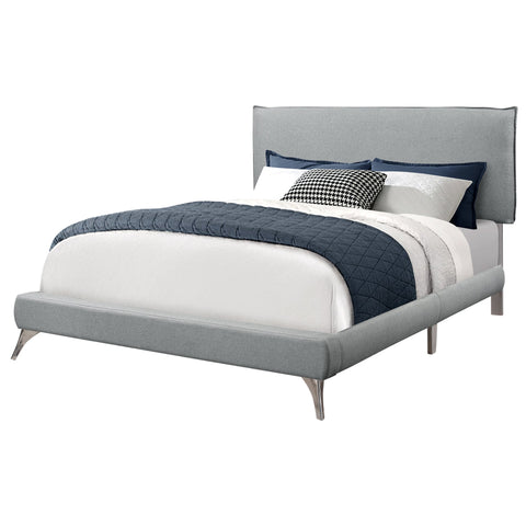 Monarch Specialties I 5950Q Lit, Grand, Plate-forme, Chambre À Coucher, Cadre, Rembourré, D'aspect Lin, Pieds En Métal, Gris, Chrome, Contemporain, Moderne