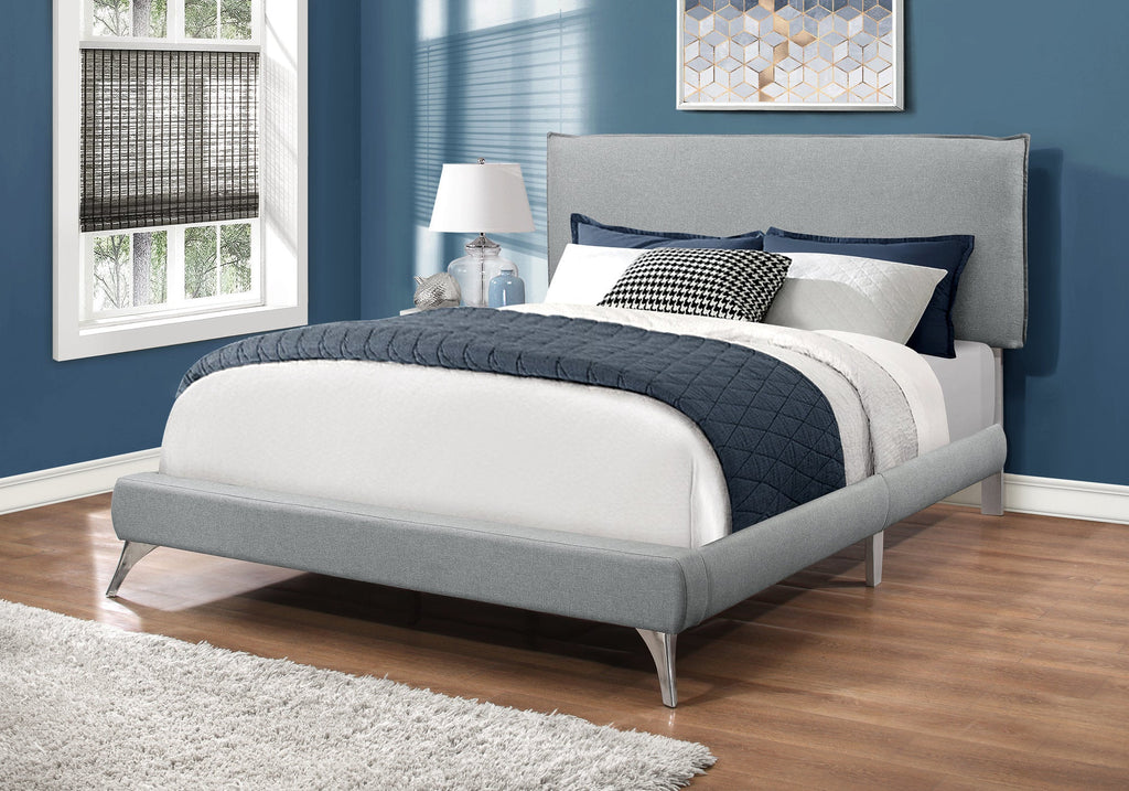 Monarch Specialties I 5950Q Lit, Grand, Plate-forme, Chambre À Coucher, Cadre, Rembourré, D'aspect Lin, Pieds En Métal, Gris, Chrome, Contemporain, Moderne