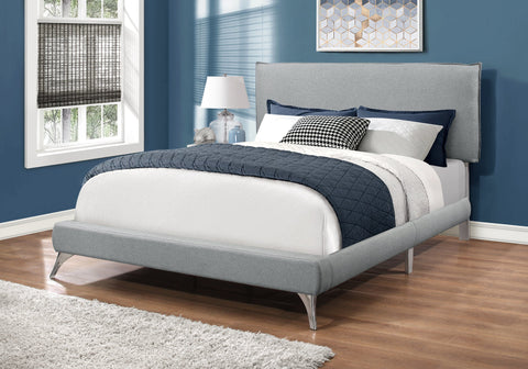 Monarch Specialties I 5950Q Lit, Grand, Plate-forme, Chambre À Coucher, Cadre, Rembourré, D'aspect Lin, Pieds En Métal, Gris, Chrome, Contemporain, Moderne