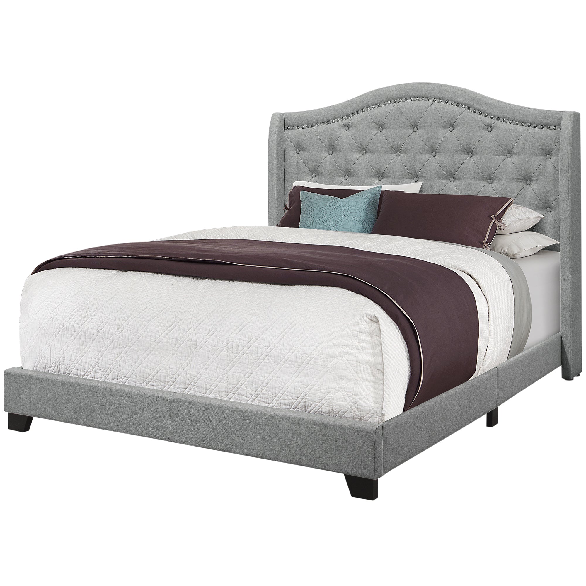 Monarch Specialties I 5966Q Lit, Grand, Plate-forme, Chambre À Coucher, Cadre, Rembourré, Velours, Pattes En Bois, Gris, Chrome, Traditionnel - Simple Boutique
