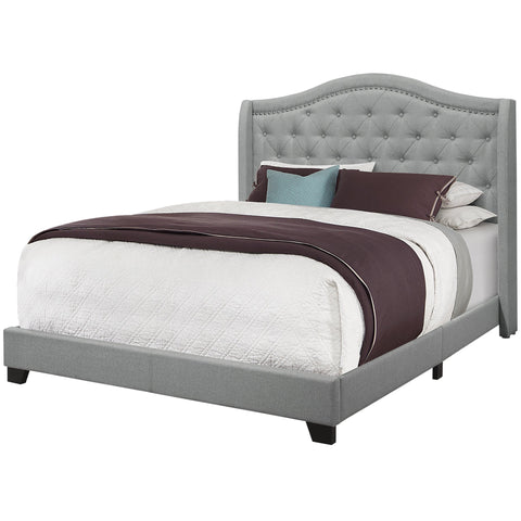 Monarch Specialties I 5966Q Lit, Grand, Plate-forme, Chambre À Coucher, Cadre, Rembourré, Velours, Pattes En Bois, Gris, Chrome, Traditionnel