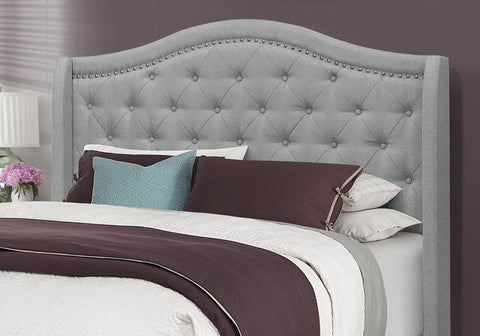 Monarch Specialties I 5966Q Lit, Grand, Plate-forme, Chambre À Coucher, Cadre, Rembourré, Velours, Pattes En Bois, Gris, Chrome, Traditionnel
