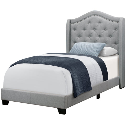 Monarch Specialties I 5966T Lit, Taille Jumelle, Plate-forme, Adolescent, Cadre, Rembourré, Velours, Pattes En Bois, Gris, Chrome, Traditionnel