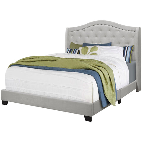 Monarch Specialties I 5967Q Lit, Grand, Plate-forme, Chambre À Coucher, Cadre, Rembourré, Velours, Pattes En Bois, Gris, Traditionnel