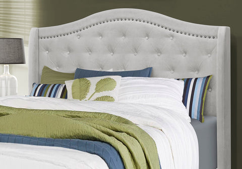 Monarch Specialties I 5967Q Lit, Grand, Plate-forme, Chambre À Coucher, Cadre, Rembourré, Velours, Pattes En Bois, Gris, Traditionnel