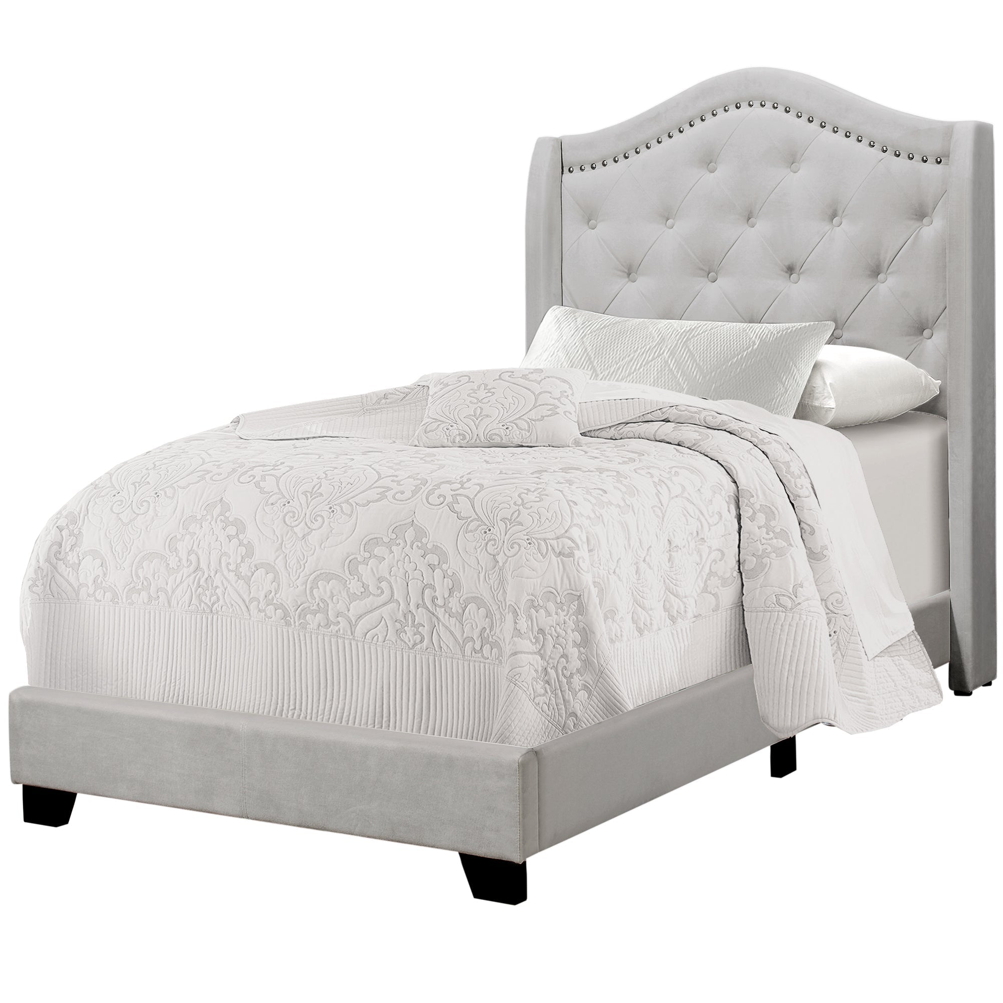 Monarch Specialties I 5967T Lit, Taille Jumelle, Plate-forme, Adolescent, Cadre, Rembourré, Velours, Pattes En Bois, Gris, Traditionnel - Simple Boutique
