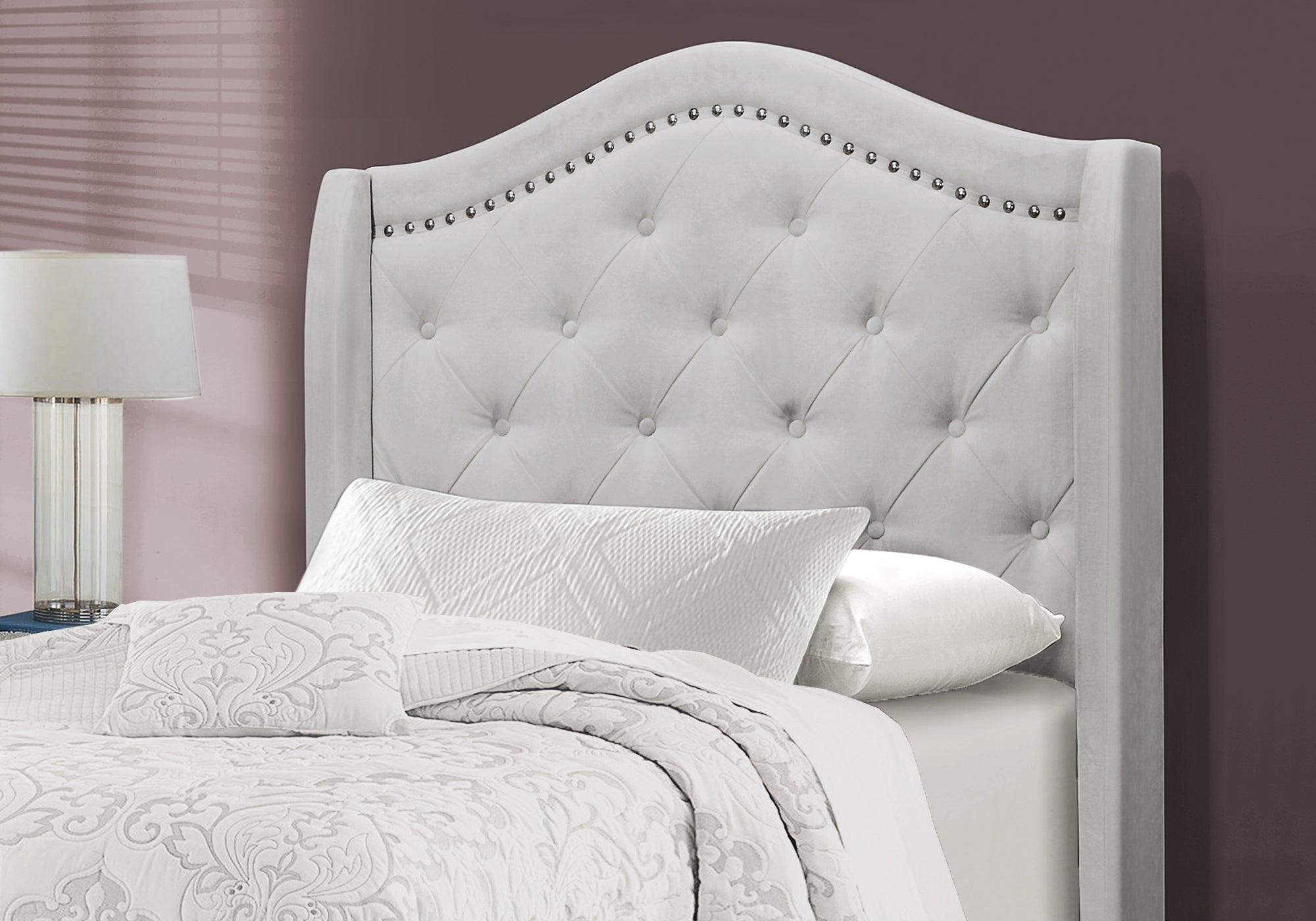 Monarch Specialties I 5967T Lit, Taille Jumelle, Plate-forme, Adolescent, Cadre, Rembourré, Velours, Pattes En Bois, Gris, Traditionnel - Simple Boutique