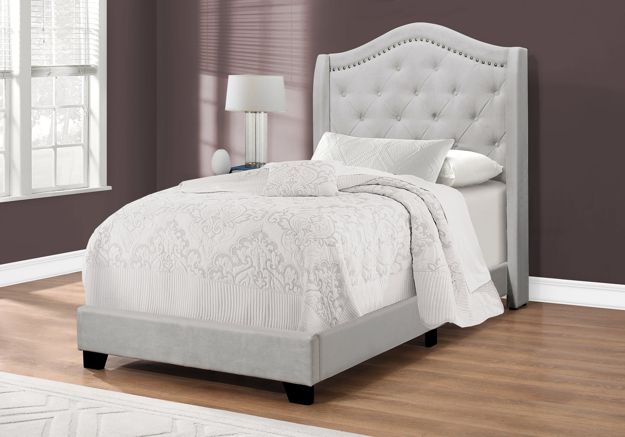 Monarch Specialties I 5967T Lit, Taille Jumelle, Plate-forme, Adolescent, Cadre, Rembourré, Velours, Pattes En Bois, Gris, Traditionnel - Simple Boutique