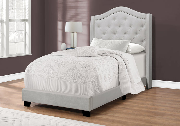Monarch Specialties I 5967T Lit, Taille Jumelle, Plate-forme, Adolescent, Cadre, Rembourré, Velours, Pattes En Bois, Gris, Traditionnel - Simple Boutique