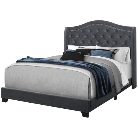 Monarch Specialties I 5968Q Lit, Grand, Plate-forme, Chambre À Coucher, Cadre, Rembourré, Velours, Pattes En Bois, Gris, Chrome, Traditionnel