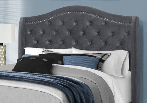 Monarch Specialties I 5968Q Lit, Grand, Plate-forme, Chambre À Coucher, Cadre, Rembourré, Velours, Pattes En Bois, Gris, Chrome, Traditionnel