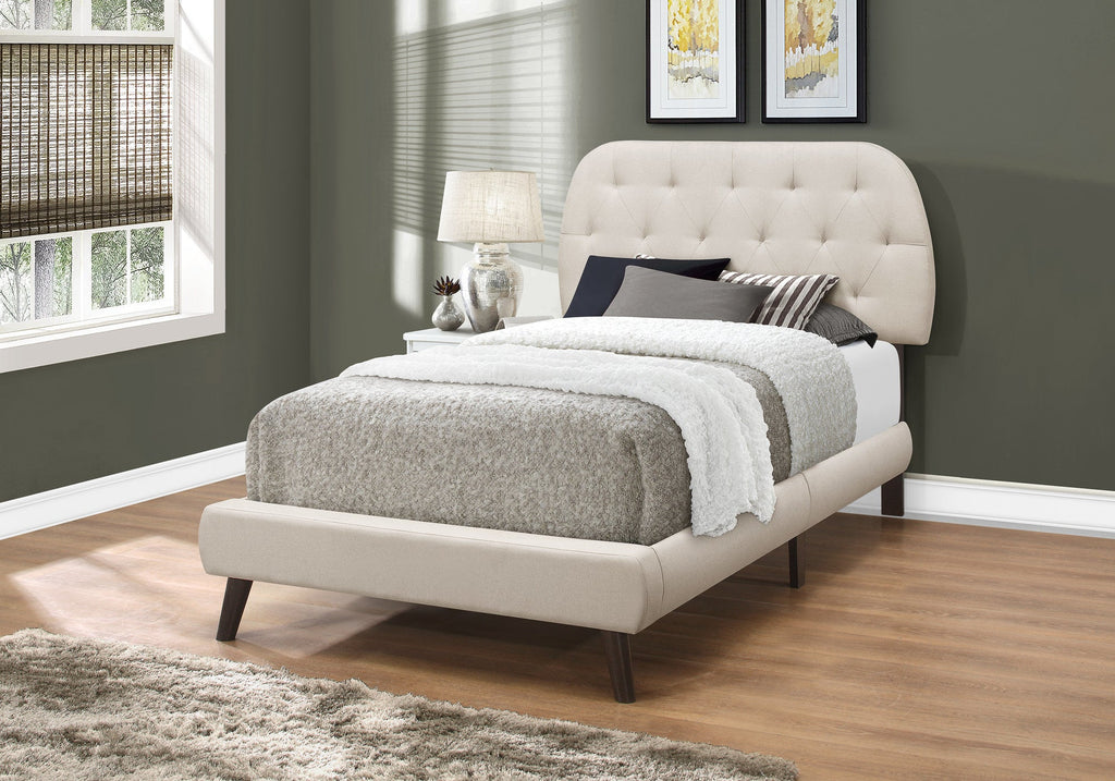 Monarch Specialties I 5981T Lit, Taille Jumelle, Plate-forme, Adolescent, Cadre, Rembourré, D'aspect Lin, Pattes En Bois, Beige, Noir, Transitionnel