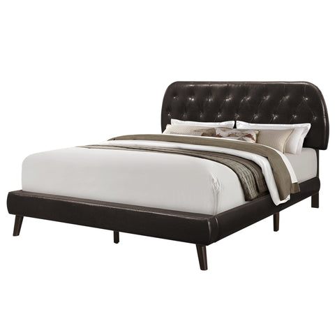 Monarch Specialties I 5982Q Lit, Grand, Plate-forme, Chambre À Coucher, Cadre, Rembourré, Pu D'aspect Cuir, Pattes En Bois, Brun, Transitionnel