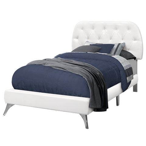 Monarch Specialties I 5983T Lit, Taille Jumelle, Plate-forme, Adolescent, Cadre, Rembourré, Pu D'aspect Cuir, Pattes En Bois, Blanc, Chrome, Contemporain, Moderne