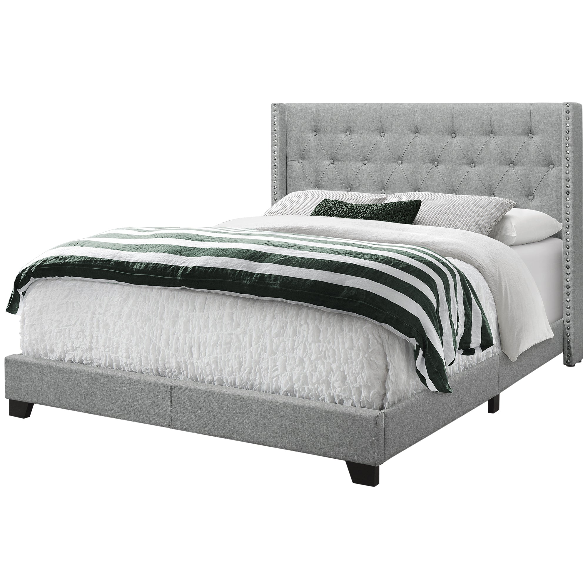 Monarch Specialties I 5984Q Lit, Grand, Plate-forme, Chambre À Coucher, Cadre, Rembourré, D'aspect Lin, Pattes En Bois, Gris, Chrome, Transitionnel - Simple Boutique
