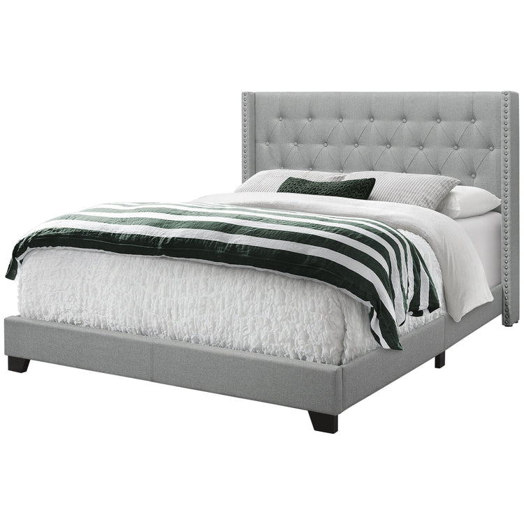 Monarch Specialties I 5984Q Lit, Grand, Plate-forme, Chambre À Coucher, Cadre, Rembourré, D'aspect Lin, Pattes En Bois, Gris, Chrome, Transitionnel - Simple Boutique