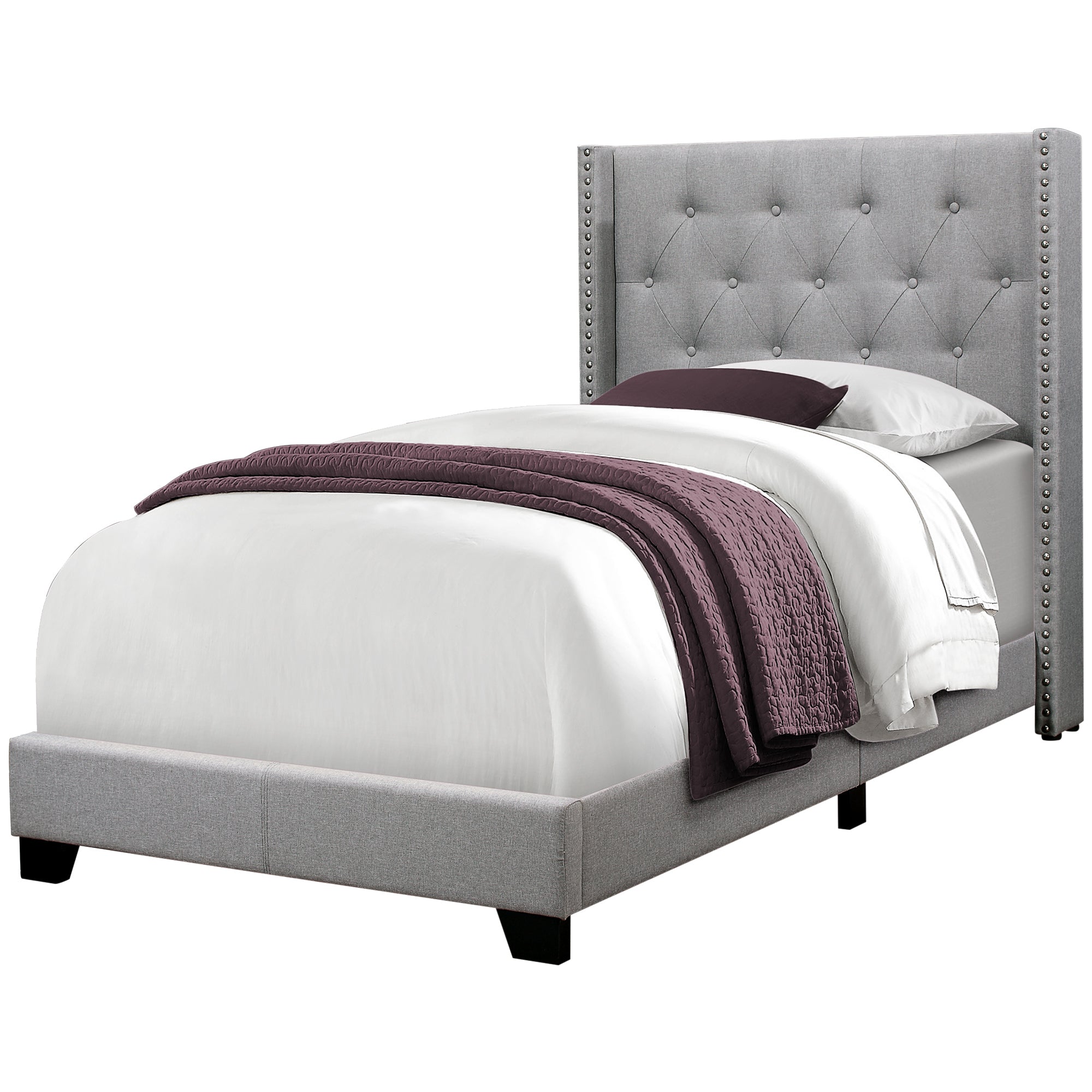 Monarch Specialties I 5984T Lit, Taille Jumelle, Plate-forme, Adolescent, Cadre, Rembourré, Velours, Pattes En Bois, Gris, Transitionnel - Simple Boutique