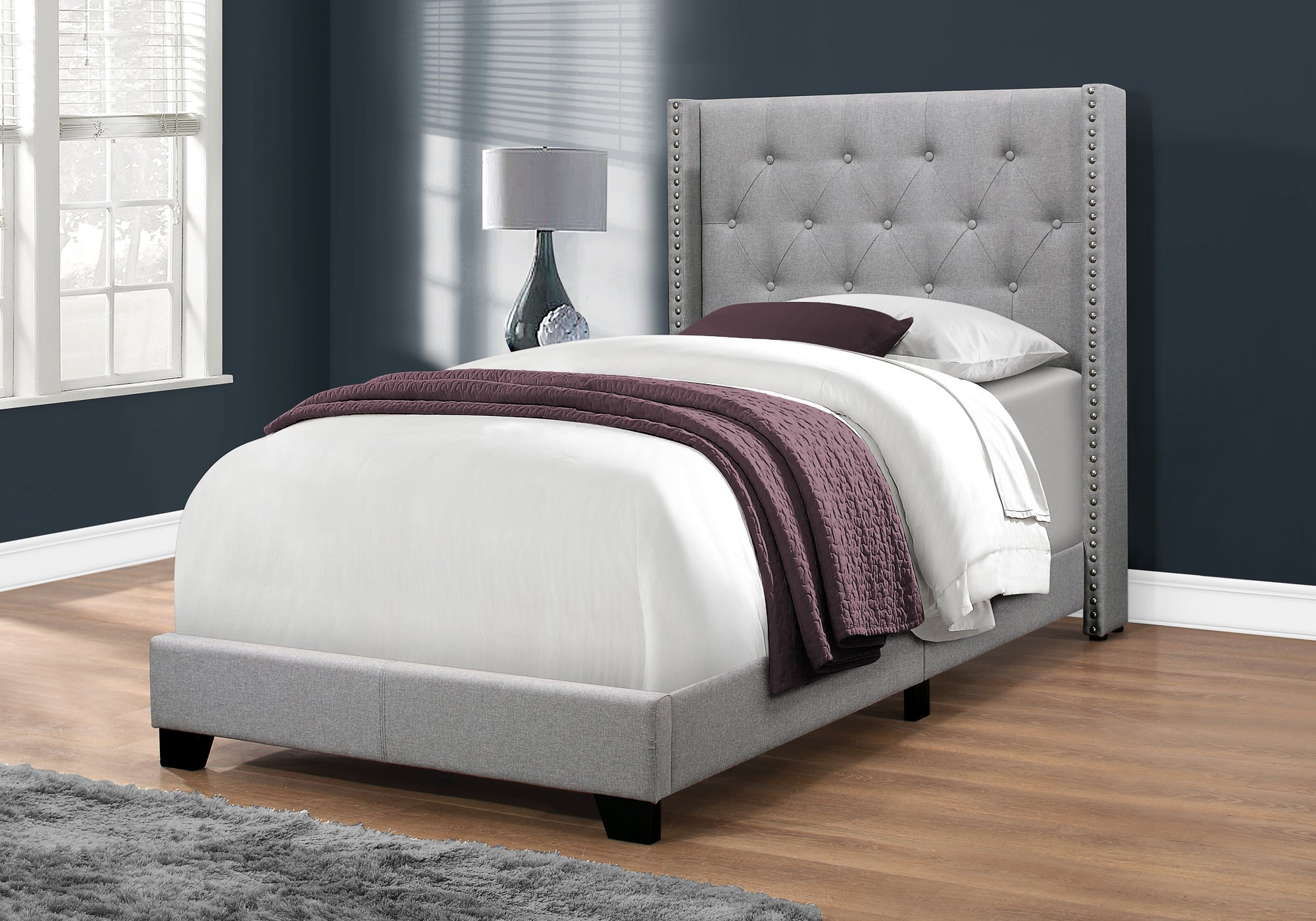 Monarch Specialties I 5984T Lit, Taille Jumelle, Plate-forme, Adolescent, Cadre, Rembourré, Velours, Pattes En Bois, Gris, Transitionnel - Simple Boutique