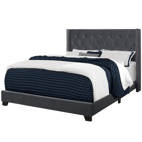Monarch Specialties I 5986Q Lit, Grand, Plate-forme, Chambre À Coucher, Cadre, Rembourré, Velours, Pattes En Bois, Gris, Chrome, Transitionnel