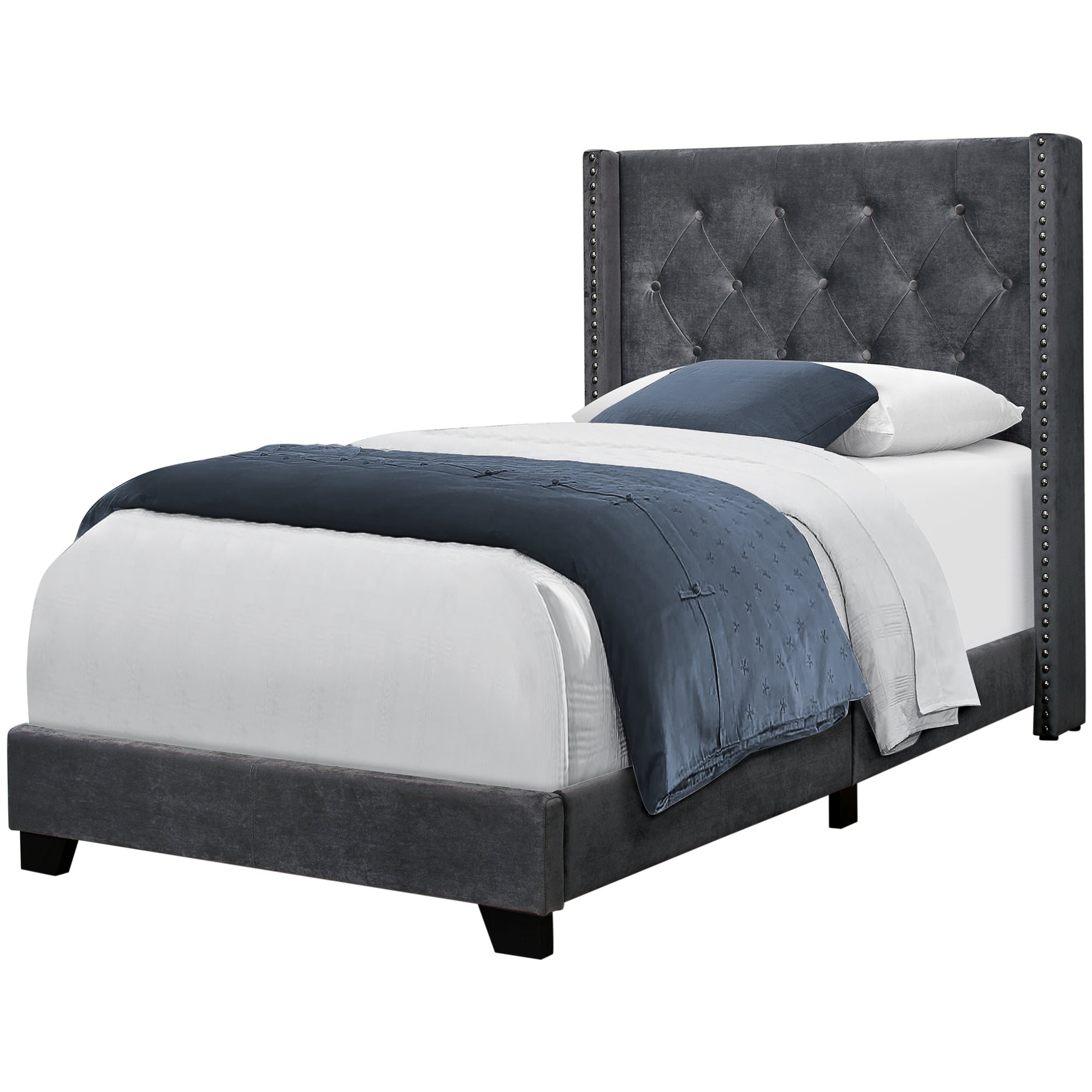 Monarch Specialties I 5986T Lit, Taille Jumelle, Plate-forme, Adolescent, Cadre, Rembourré, Velours, Pattes En Bois, Gris, Chrome, Transitionnel - Simple Boutique