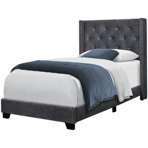 Monarch Specialties I 5986T Lit, Taille Jumelle, Plate-forme, Adolescent, Cadre, Rembourré, Velours, Pattes En Bois, Gris, Chrome, Transitionnel - Simple Boutique