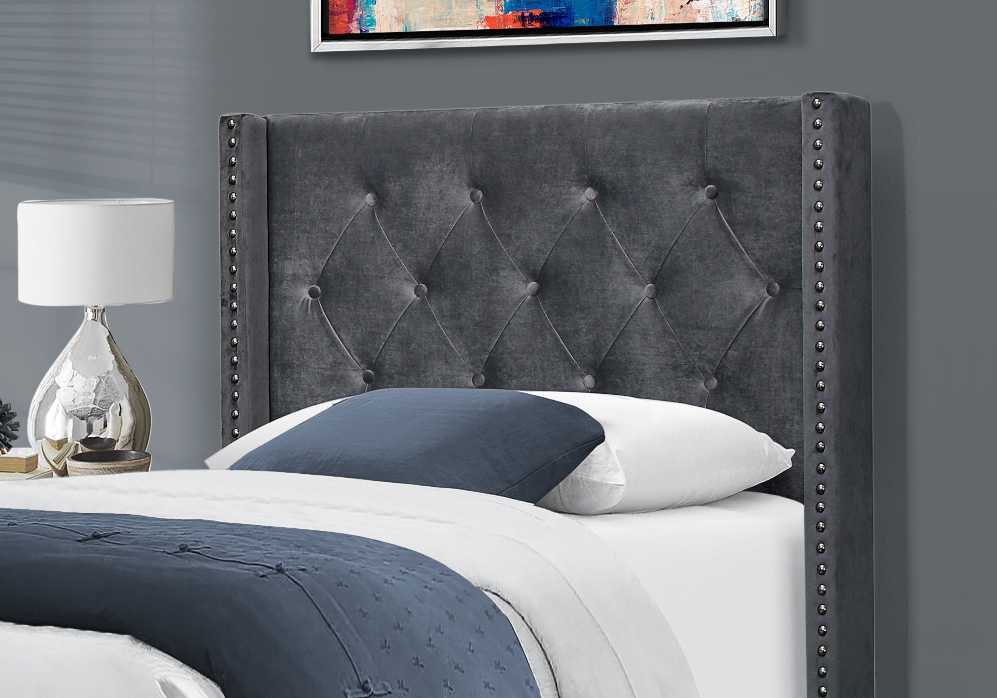 Monarch Specialties I 5986T Lit, Taille Jumelle, Plate-forme, Adolescent, Cadre, Rembourré, Velours, Pattes En Bois, Gris, Chrome, Transitionnel - Simple Boutique
