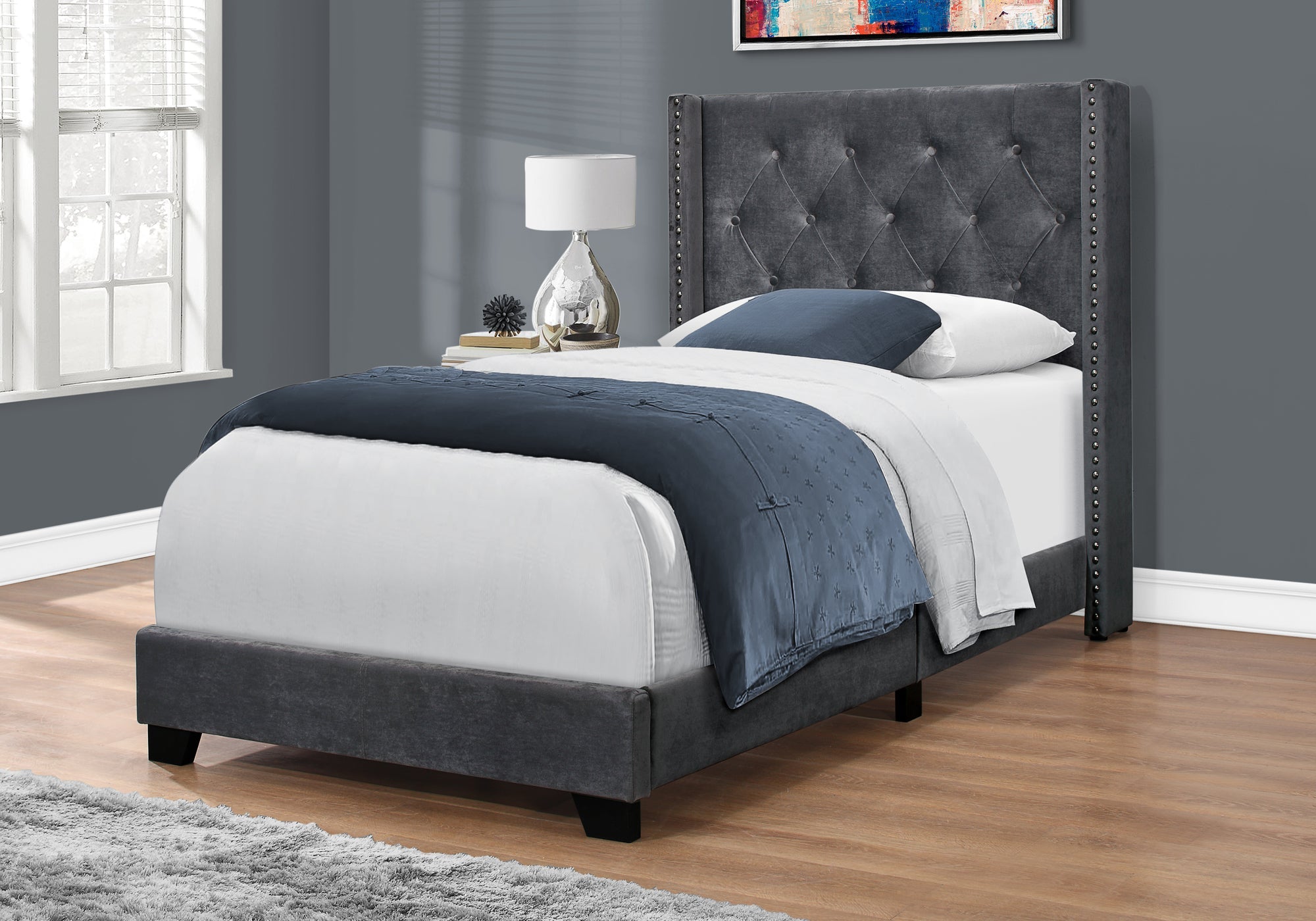 Monarch Specialties I 5986T Lit, Taille Jumelle, Plate-forme, Adolescent, Cadre, Rembourré, Velours, Pattes En Bois, Gris, Chrome, Transitionnel - Simple Boutique