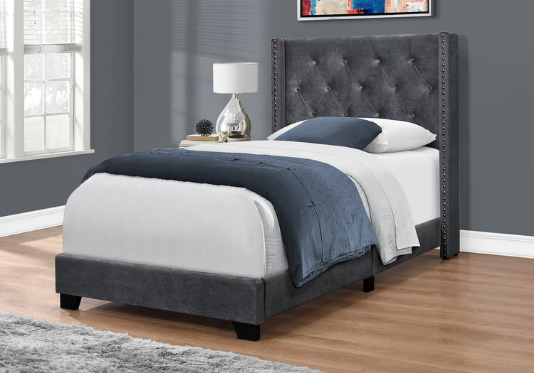 Monarch Specialties I 5986T Lit, Taille Jumelle, Plate-forme, Adolescent, Cadre, Rembourré, Velours, Pattes En Bois, Gris, Chrome, Transitionnel - Simple Boutique