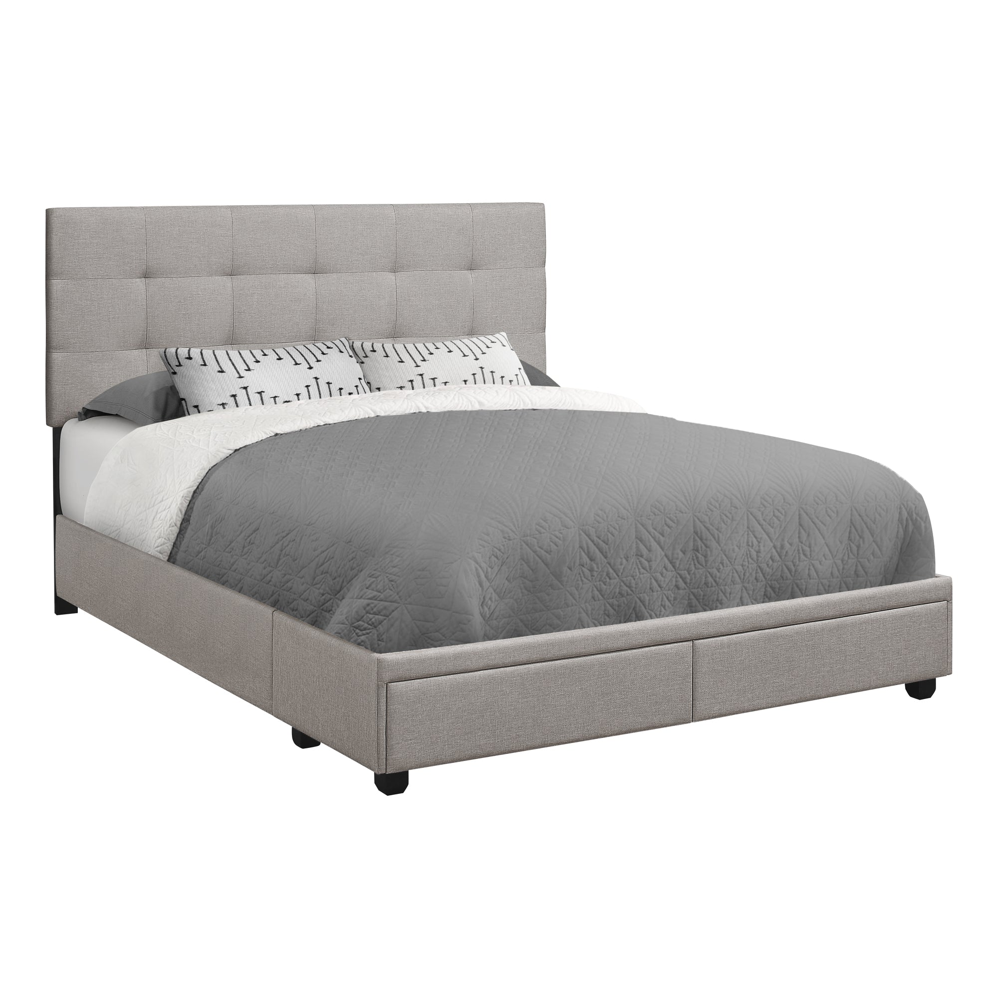 Monarch Specialties I 6020Q Lit, Grand, Plate-forme, Chambre À Coucher, Cadre, Rembourré, D'aspect Lin, Pattes En Bois, Gris, Transitionnel - Simple Boutique