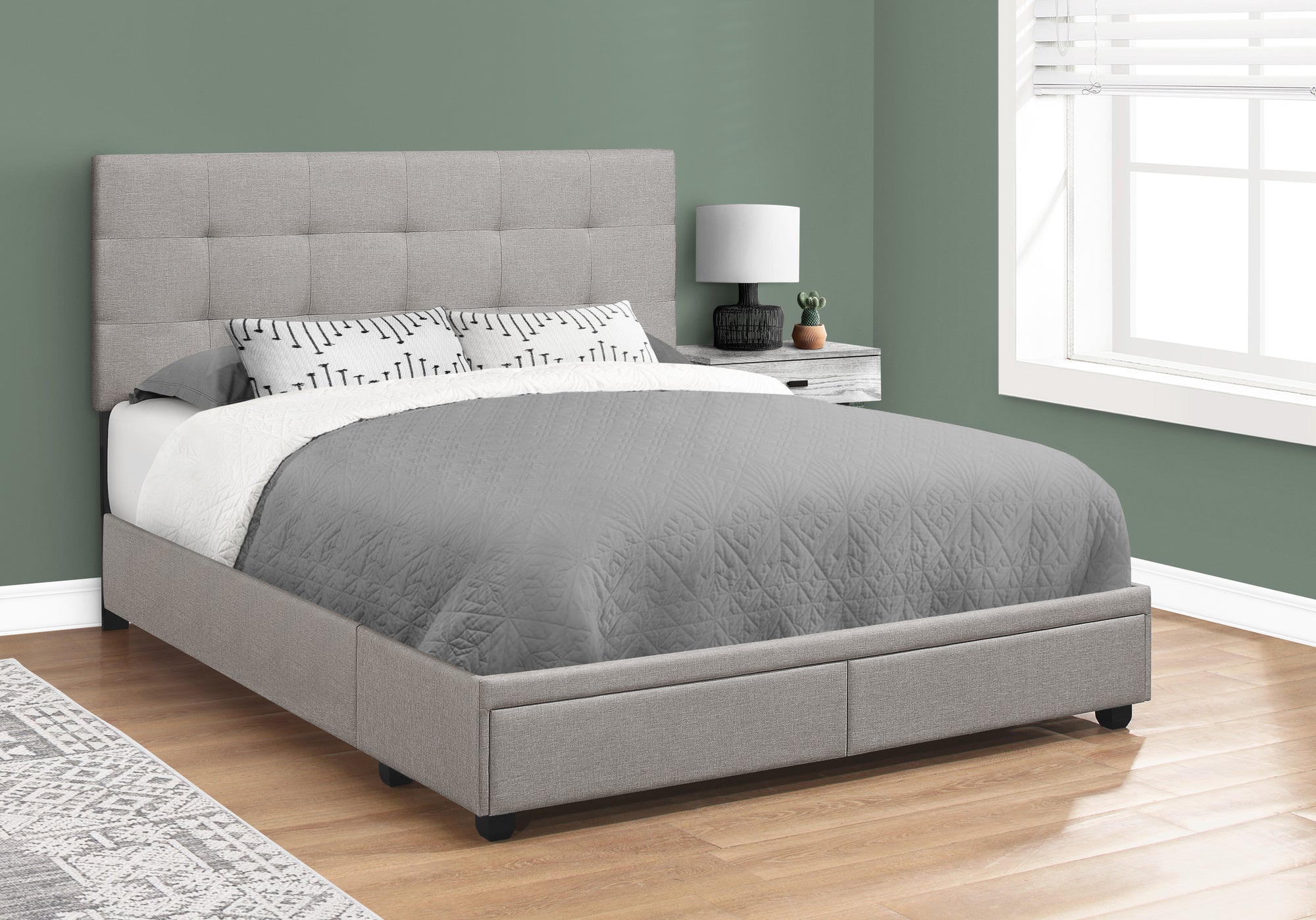 Monarch Specialties I 6020Q Lit, Grand, Plate-forme, Chambre À Coucher, Cadre, Rembourré, D'aspect Lin, Pattes En Bois, Gris, Transitionnel - Simple Boutique