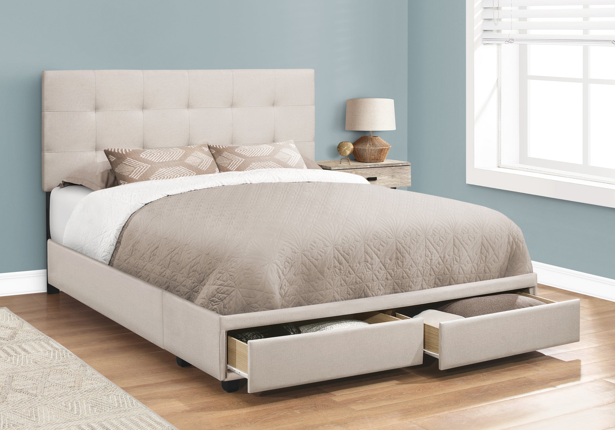 Monarch Specialties I 6021Q Lit, Grand, Plate-forme, Chambre À Coucher, Cadre, Rembourré, D'aspect Lin, Pattes En Bois, Beige, Noir, Transitionnel - Simple Boutique