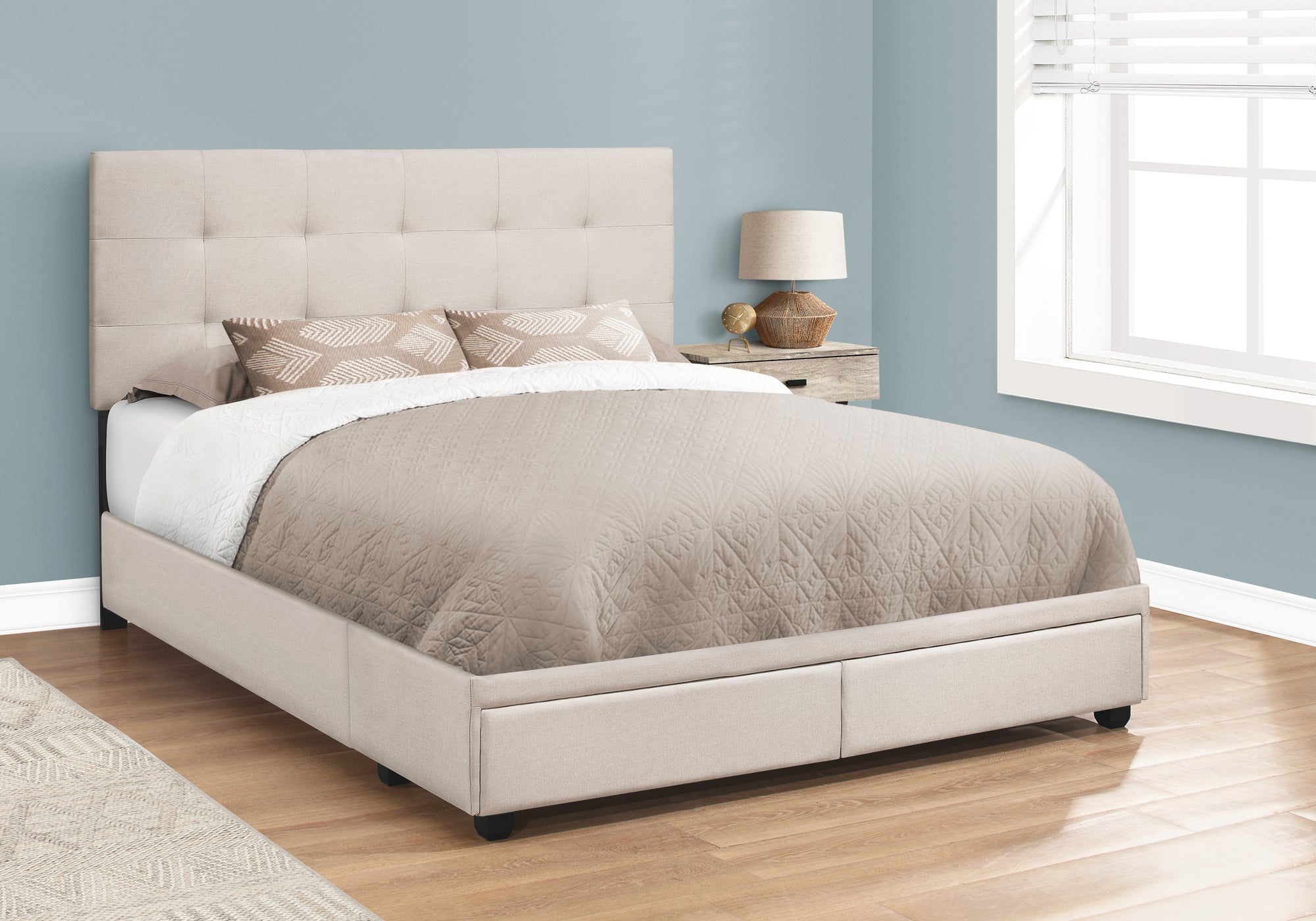 Monarch Specialties I 6021Q Lit, Grand, Plate-forme, Chambre À Coucher, Cadre, Rembourré, D'aspect Lin, Pattes En Bois, Beige, Noir, Transitionnel - Simple Boutique