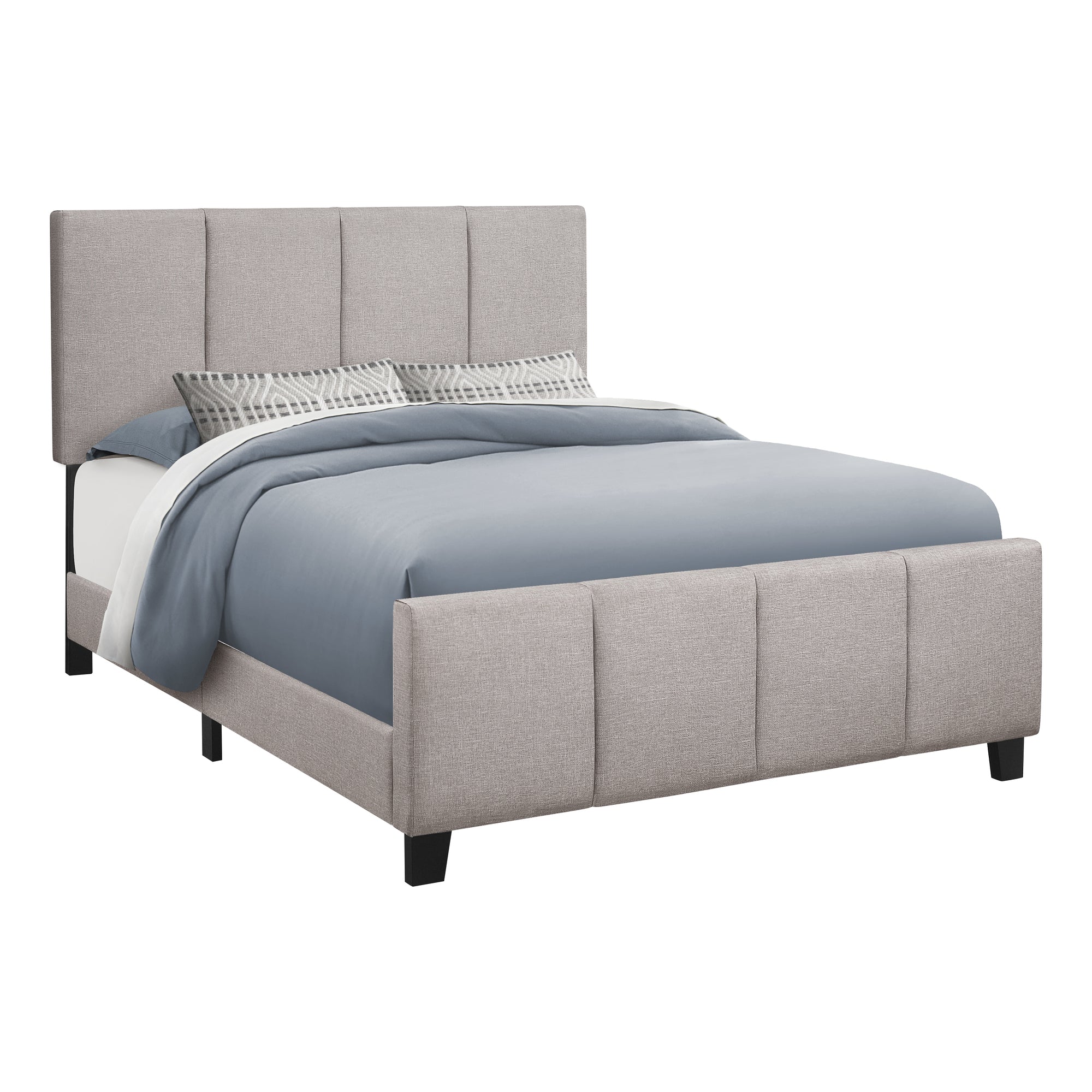 Monarch Specialties I 6025Q Lit, Grand, Plate-forme, Chambre À Coucher, Cadre, Rembourré, D'aspect Lin, Pattes En Bois, Gris, Transitionnel - Simple Boutique