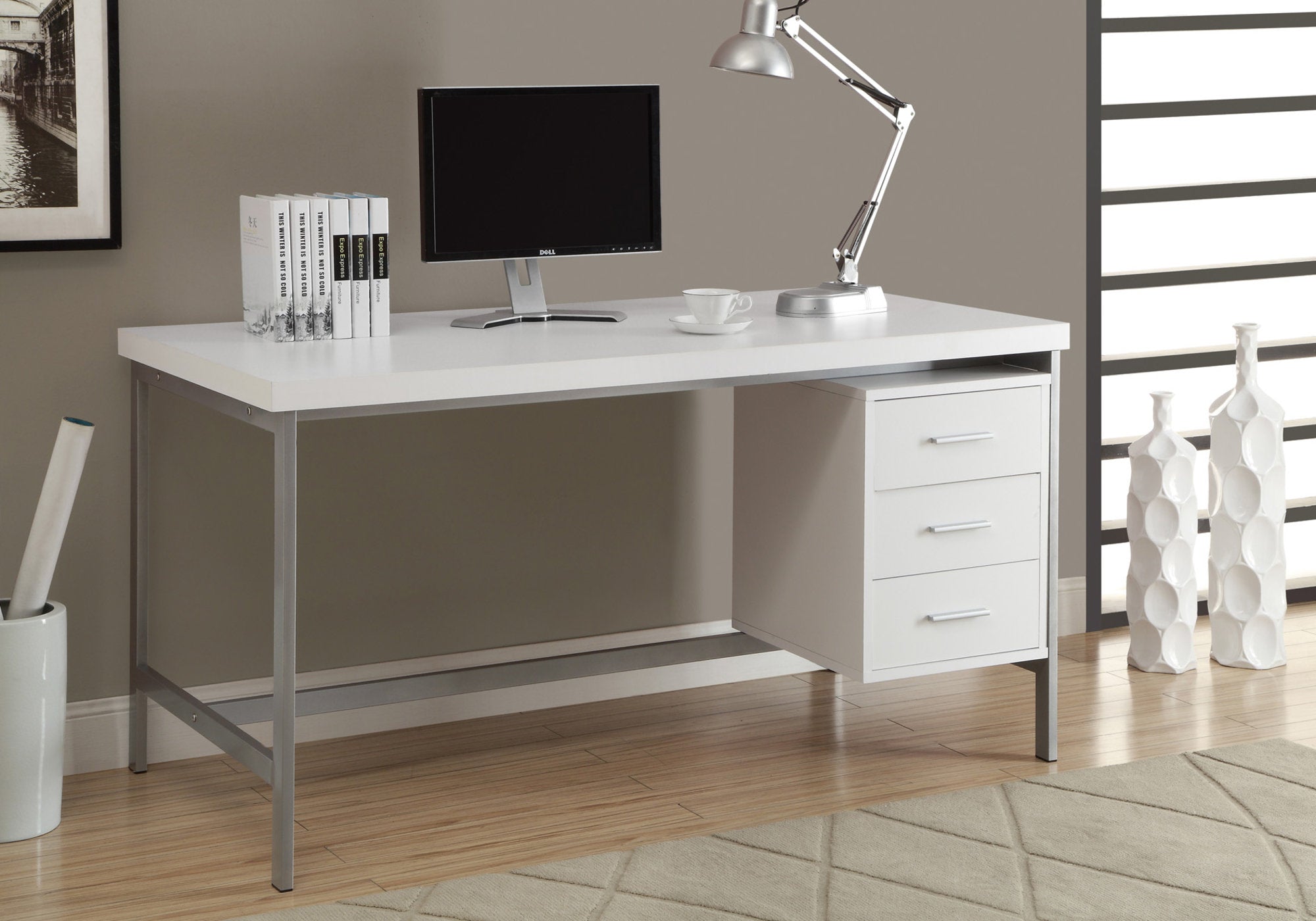 Monarch Specialties I 7046 Bureau, Bureau À Domicile, Ordinateur Portable, Configuration Gauche, Droite, Tiroirs De Rangement, 60"l, Travail, Métal, Stratifié, Blanc, Gris, Contemporain, Moderne - Simple Boutique