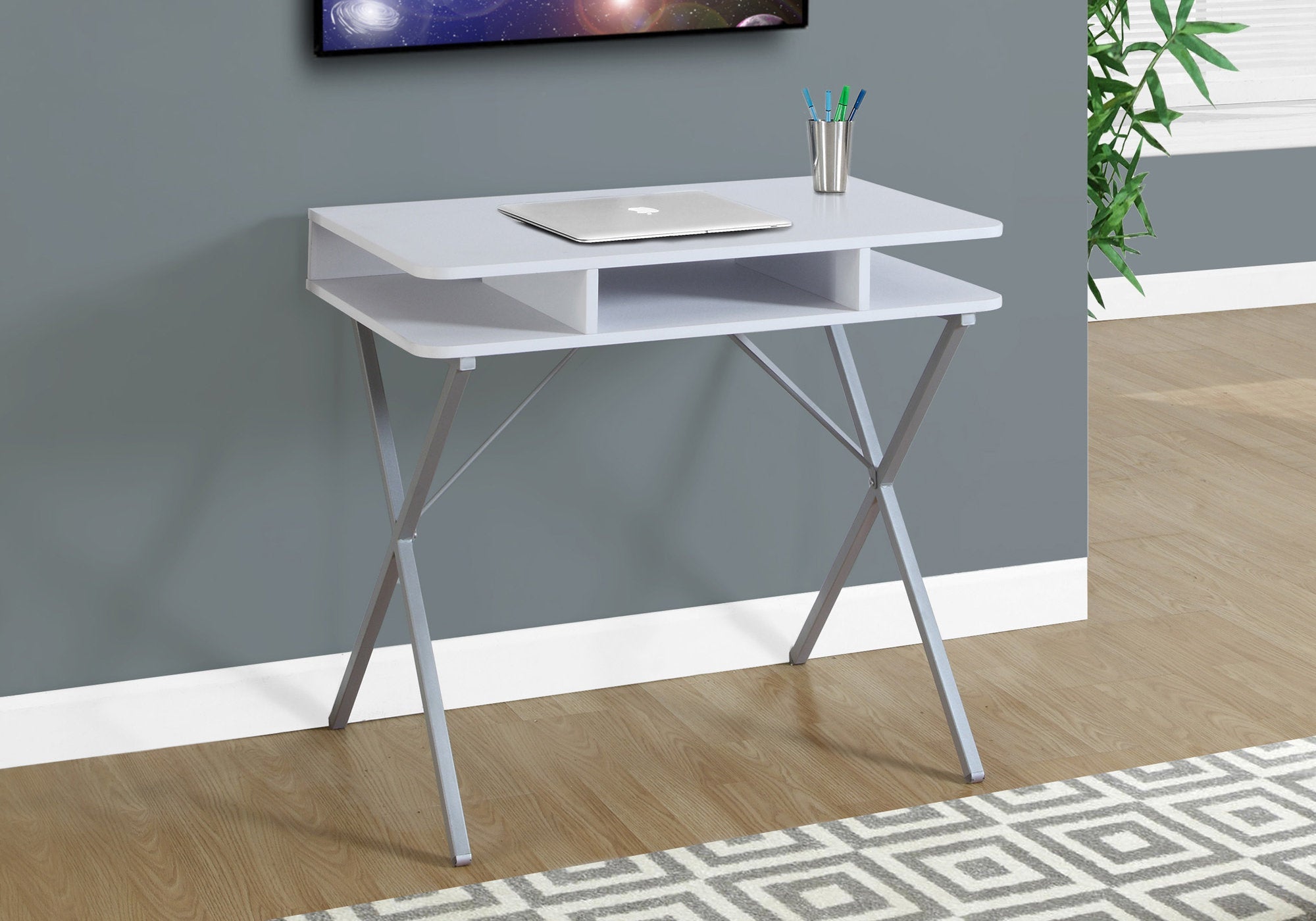 Monarch Specialties I 7100 Bureau, Bureau À Domicile, Ordinateur Portable, Étagères De Rangement, 31"l, Travail, Métal, Stratifié, Blanc, Gris, Contemporain, Moderne - Simple Boutique