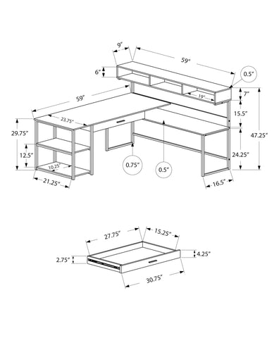 Monarch Specialties I 7160 Bureau, Bureau À Domicile, Coin, Tiroirs De Rangement, Forme De L, Travail, Ordinateur Portable, Métal, Stratifié, Gris, Noir, Contemporain, Moderne