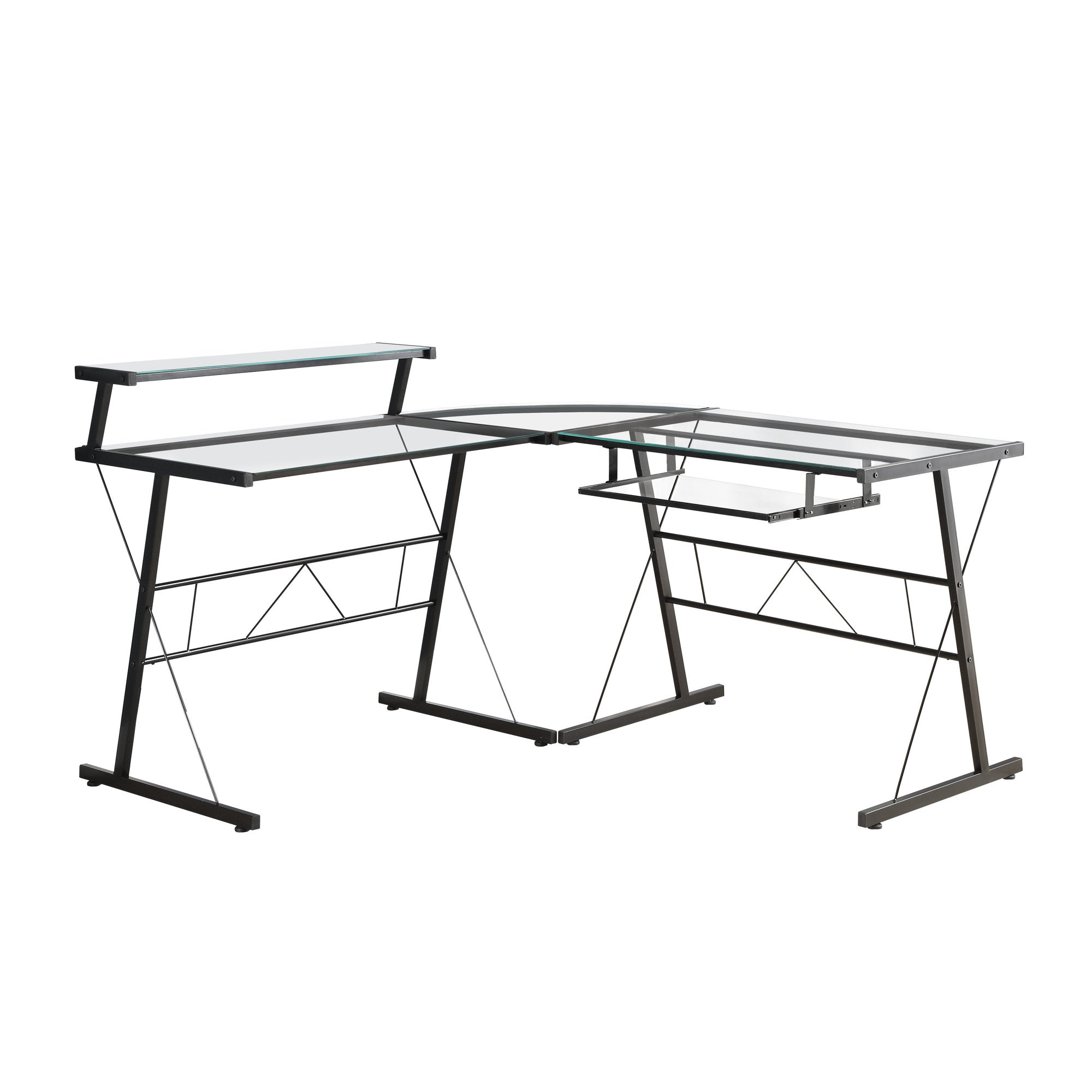 Monarch Specialties I 7172 Bureau, Bureau À Domicile, Coin, Forme De L, Travail, Ordinateur Portable, Métal, Verre Trempé, Noir, Dégager, Contemporain, Moderne - Simple Boutique