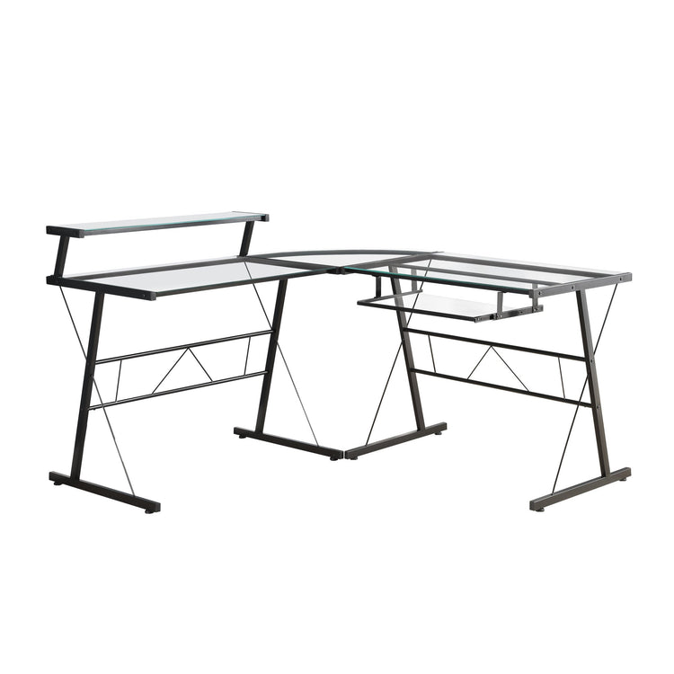 Monarch Specialties I 7172 Bureau, Bureau À Domicile, Coin, Forme De L, Travail, Ordinateur Portable, Métal, Verre Trempé, Noir, Dégager, Contemporain, Moderne - Simple Boutique