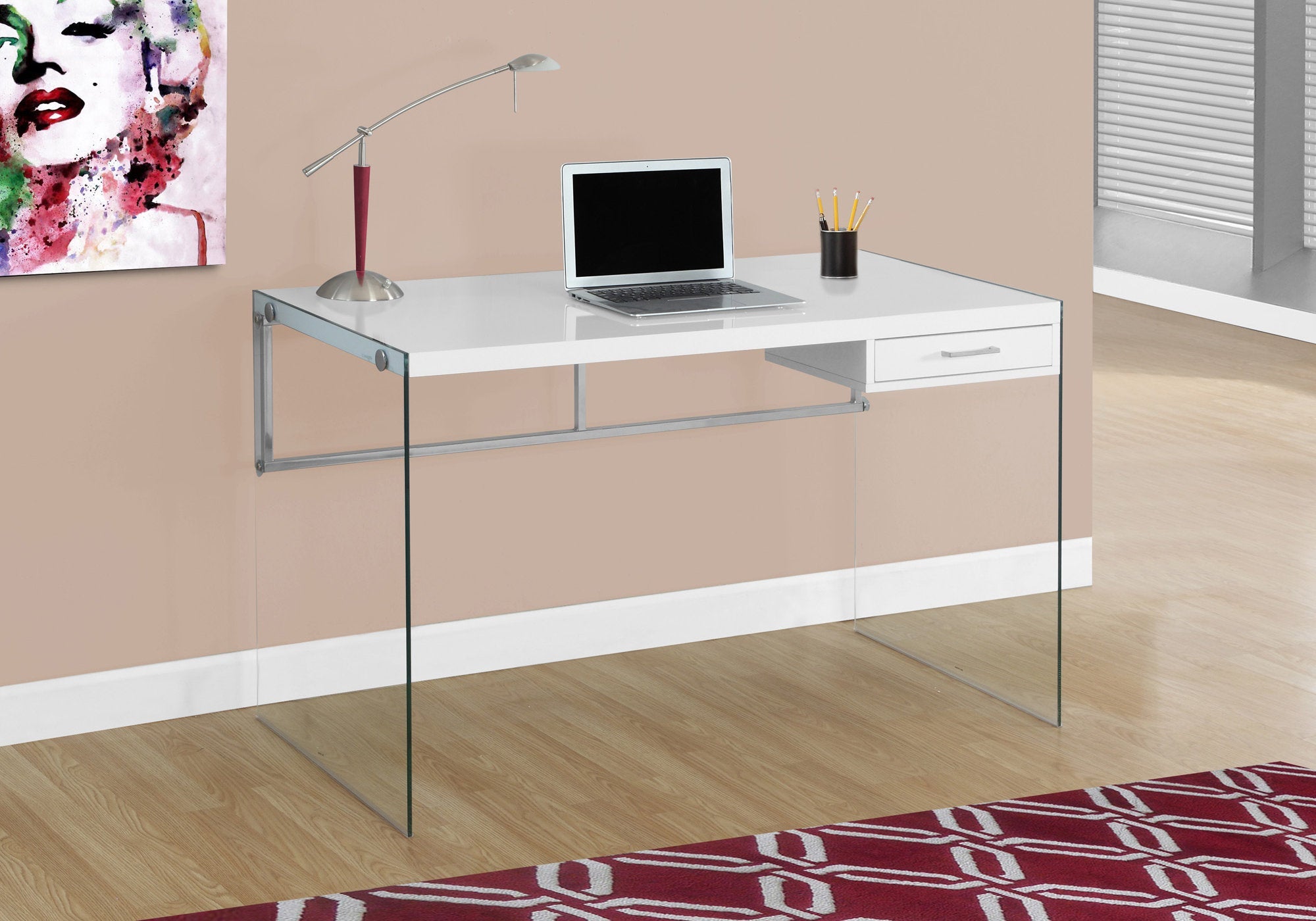 Monarch Specialties I 7209 Bureau, Bureau À Domicile, Ordinateur Portable, Tiroirs De Rangement, 48"l, Travail, Verre Trempé, Stratifié, Blanc Lustré, Dégager, Contemporain, Moderne - Simple Boutique
